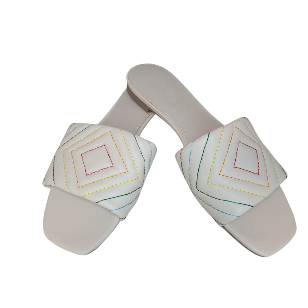 Sanctuary Culture Square Toe Slide Sandals Size 8.5 Cream Leather Rainbow Stitch